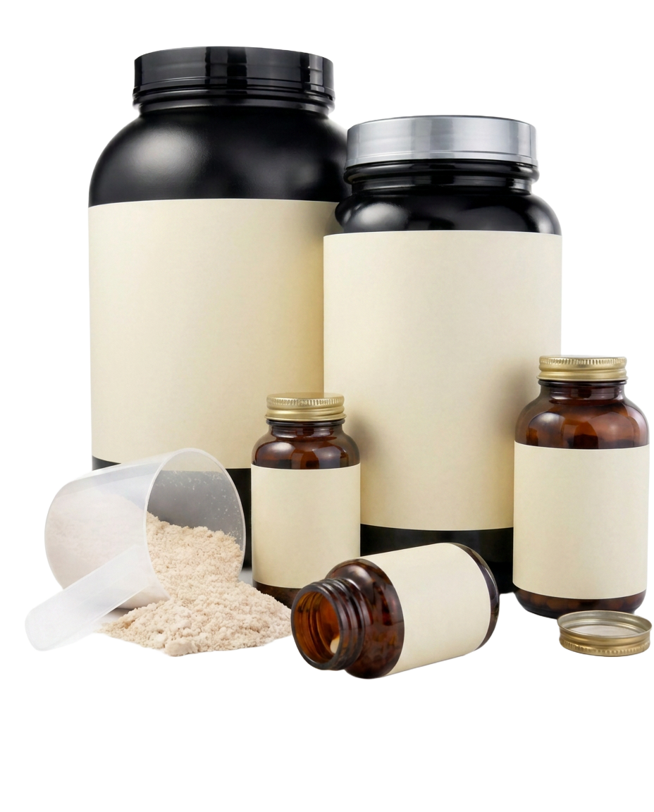 A cluttered shelf crowded with unbranded supplement bottles, tubs and pill containers