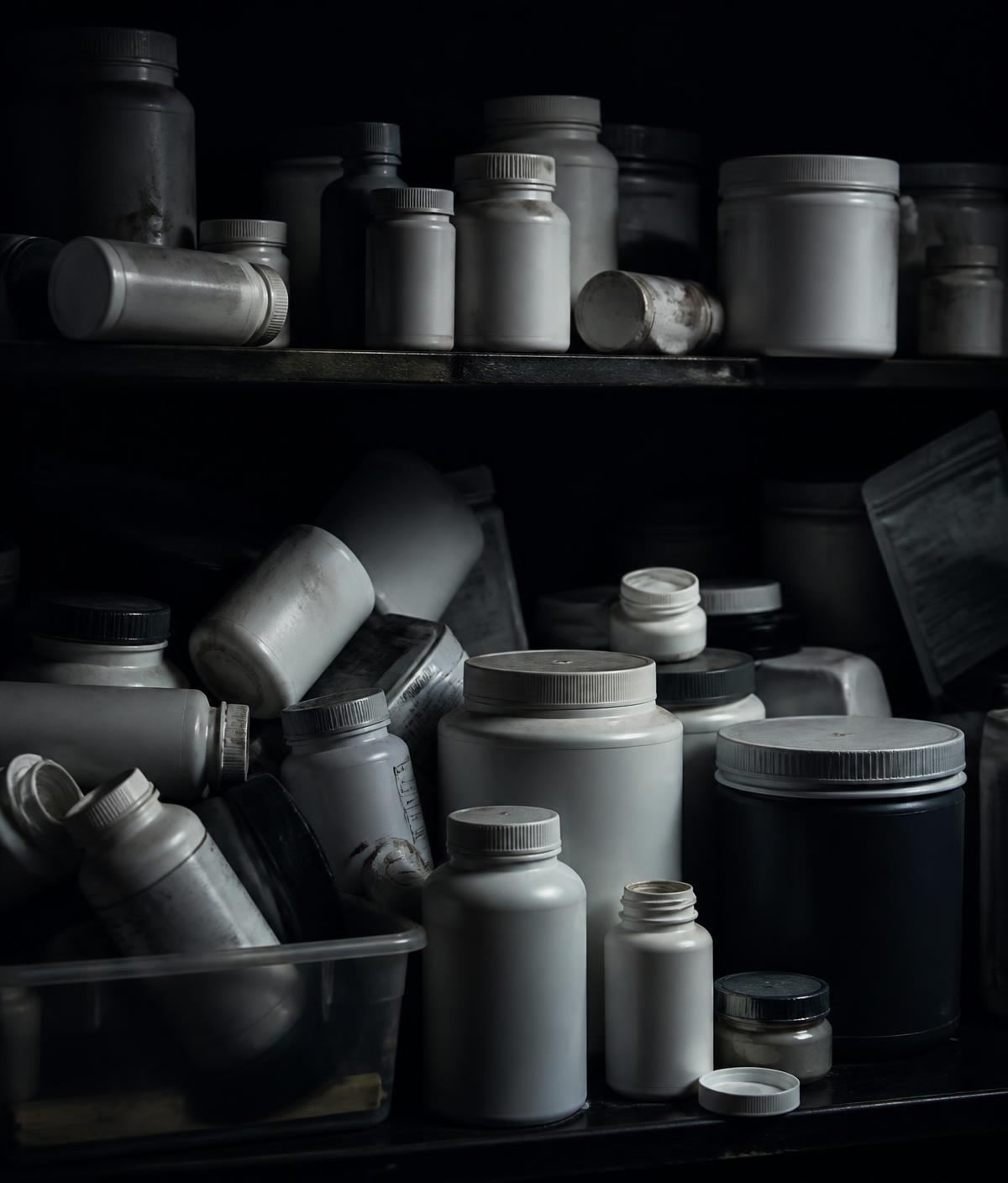 A cluttered shelf crowded with unbranded supplement bottles, tubs and pill containers