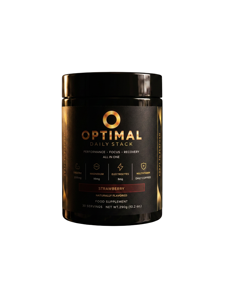 OPTIMAL matte-black jar lit against a deep black background