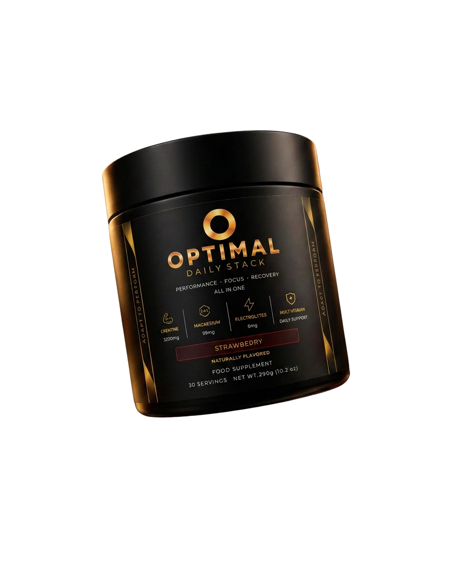 OPTIMAL jar suspended above brushed metal with deep red gummies floating around it