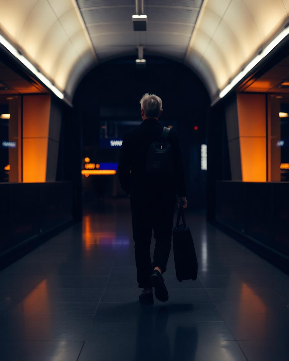 A traveller walking through an airport corridor at night
