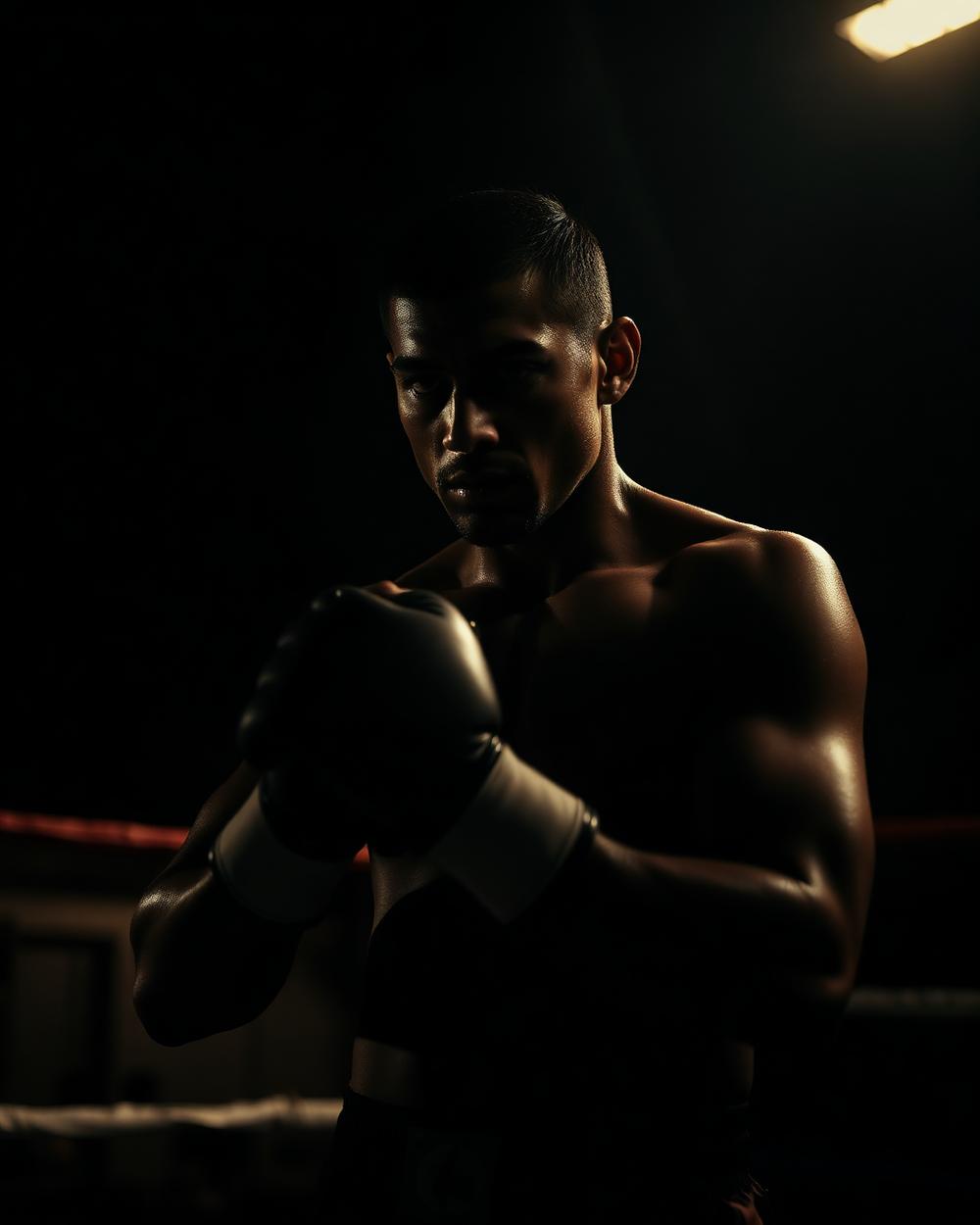 A boxer preparing in a dimly lit gym