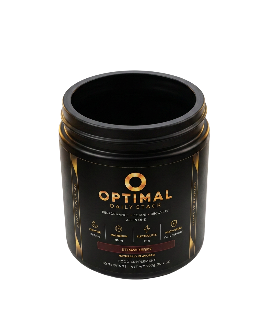 Open, empty OPTIMAL matte-black jar with gold label